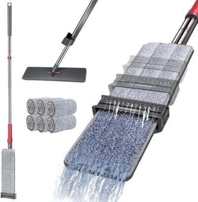 Vlakmop met wringfunctie - Dweilset microvezel - 6 stuks - Grijs+rood - Roestvrij staal