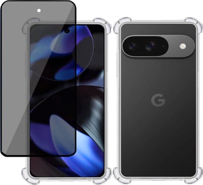 Hoesje + Privé Screenprotector geschikt voor Google Pixel 9 / 9 Pro – Privacy Tempered Glass - Case Transparant