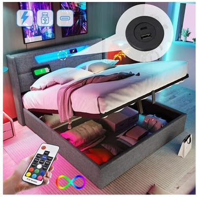 Merax Opbergbed voor volwassenen 140 x 200 cm met hoofdeinde - USB + Type C + LED's - linnen stof - grijs