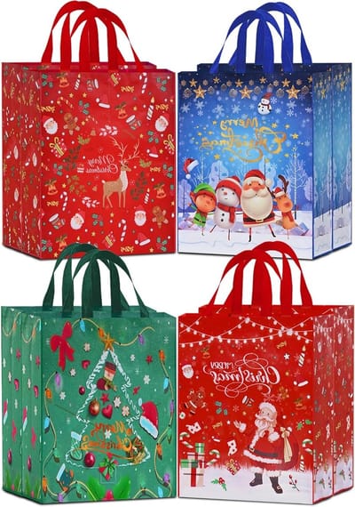 Kerst Cadeautassen met Handvatten, Multifunctionele Niet-Geweven Tassen voor Geschenken, Feestbenodigdheden en Cadeauverpakking (6 PCS) (8 PCS)
