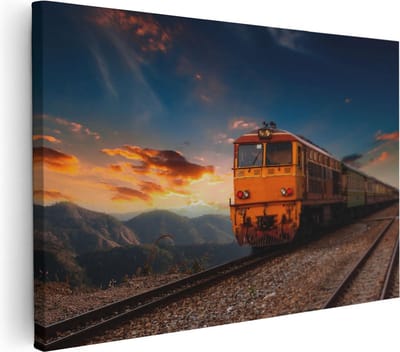 Artaza Canvas Schilderij Zonsondergang - 30x20 cm - Klein - Wanddecoratie Bergen - Muurdecoratie Trein - Kamer Accessoires Natuur