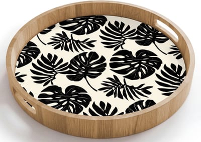 Dienblad rond 40x40 cm - Schootdienblad hout - Modern - Monstera - Zwart - Borrelplank rechthoek - Plateau houten dienbladen