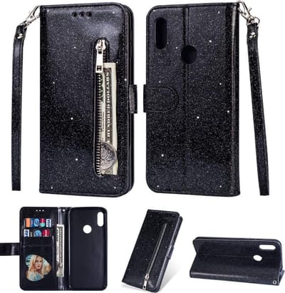 LuxeBass Hoesje geschikt voor Samsung Galaxy A10s Glitter Bookcase hoesje portemonnee met rits - Zwart - telefoonhoes - gsm hoes - telefoonhoesjes