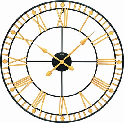 AMS W9647 - Wandklok - Analoog - Quartz - Rond - Metaal - Romeinse Cijfers - Zwart - Goudkleurig - D80 x 6 cm