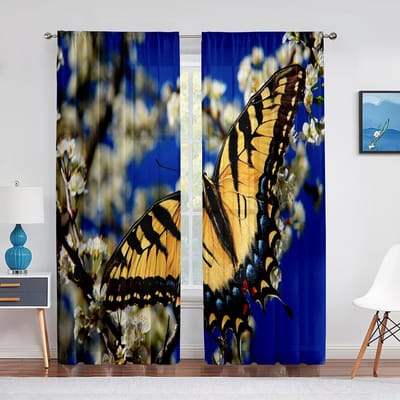 Voile Diaphane Papillon Coloré pour Décoration de Salon Rideau Fleur Grise Fenêtre Chiffon Tulle Rideaux Chambre Cuisine Draps 1 PCS W100XH250cm&Grommet Top