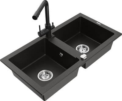 Mexen Mario granieten gootsteen met 2 kamers en keukenkraan Duero, zwart/goud metallic - 6504-75-671600-70