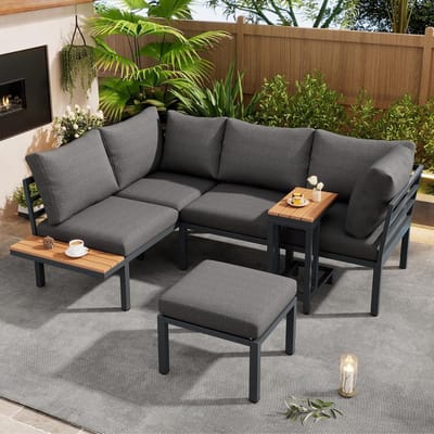 Modulaire 3-delige Loungeset 143,5x190x65,5 cm – Hoekbank met Salontafel en Bijzettafel – Waterafstotende Kussens, Weerbestendig Metaal & Acaciahout – Comfortabel Terras, Balkon & Tuinmeubilair – Laura