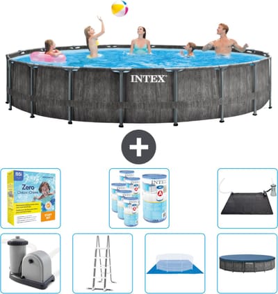 Intex Rond Prism Frame Greywood Zwembad - 549 x 122 cm - Inclusief Pomp - Ladder - Grondzeil - Afdekzeil Onderhoudspakket - Filters - Solar Mat