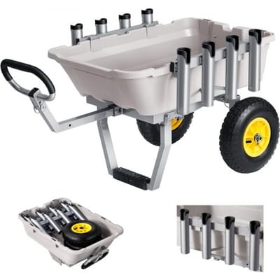 VEVOR Opvouwbare Viskar, 90,7 kg Zware Wagen met 2 All-Terrain Rubberen Banden, Transportkar met Aluminium Frame en 8 Hengelhouders, Multifunctionele Transportkar voor Vissen, Kamperen, Strand en Buitengebruik
