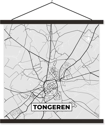 Posterhanger incl. Poster 60x60 cm - Schoolplaat - Zwart Wit – België – Plattegrond – Stadskaart – Kaart – Tongeren - Textielposter - Zwarte latten - Stadskaart