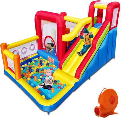 Springkasteel voor kinderen met blazer, multifunctioneel, veiligheidsnet, veilig en duurzaam, perfect voor elk seizoen, voor binnen en buiten