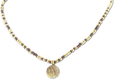 CO88 Collection 8CN-26296 Stalen Ketting met Kralen - Dames - Goudkleurig - 3 mm - Bruin - 2,5 mm - Veren - 12 mm - Lengte 38 + 7 cm