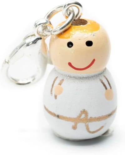 Engel Baby gelukspoekje charm-hanger geboorte poppetje hout wit - handgemaakt modesieraad I kettinghanger verzilverd - bedelhanger - hanger voor armband, 16 mm, Hout