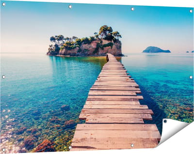 Gards Tuinposter Pad op het Water naar een Grieks Eiland - 120x80 cm - Tuindoek - Tuindecoratie - Wanddecoratie buiten - Tuinschilderij