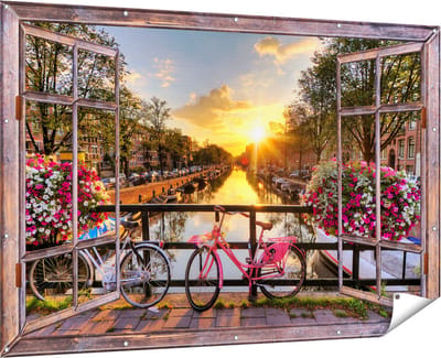 Gards Tuinposter Doorkijk Amsterdamse Brug met Zonsopgang - 180x120 cm - Tuindoek - Tuindecoratie - Wanddecoratie buiten - Tuinschilderij