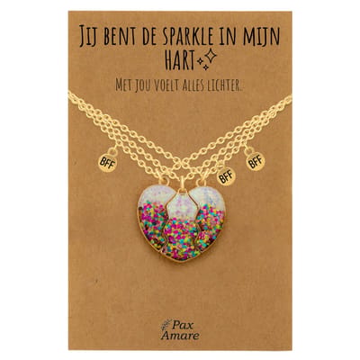 BFF Ketting voor 3 'Jij bent de sparkle in mijn hart' - Magnetisch Glitter Hartje - Vriendschapsketting op Cadeau Kaartje - 45cm + 5cm verstelbaar - Goudkleurig - Best Friends Hanger - Pax Amare