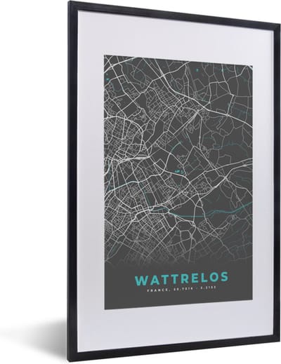 Fotolijst incl. Poster - Wattrelos - Frankrijk - Plattegrond - Kaart - Stadskaart - 40x60 cm - Posterlijst