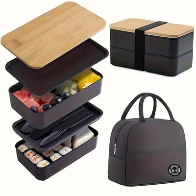 Lunchbox Set met Tas – 2 Laags Lunchbox (1200 ml) met Bamboe Deksel & Bestek – Inclusief Geïsoleerde Draagtas – Zwart