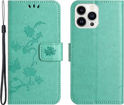 Coverup Hoesje - Geschikt voor iPhone 15 Pro Max Hoesje - Coverup Bloemen & Vlinders Book Case - Mintgroen