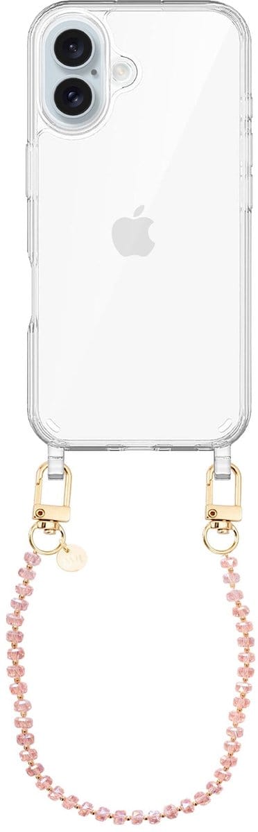 xoxo Wildhearts siliconen hoesje geschikt voor iPhone 17 hoesje - Crystal (Roze) - Telefoonhoesje - Hoesje met koord - Kristal ketting - Kristallen met gouden details - kort telefoonkoord - Transparant hoesje