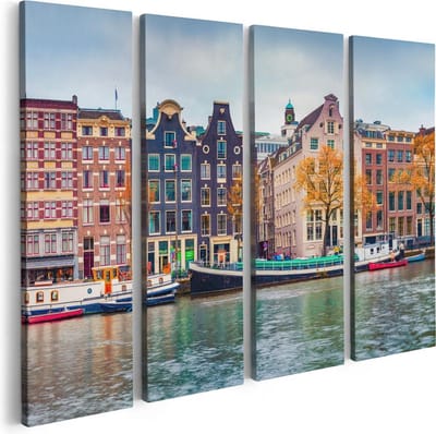 Artaza Canvas Schilderij Vierluik Amsterdamse Huisjes Vanaf De Gracht - 80x60 cm - Wanddecoratie Woonkamer - Schilderijen - Muurdecoratie