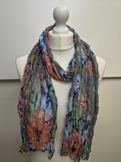 Lange dames sjaal Amber-gebloemd motief-grijs wit blauw oranje groen abrikoos