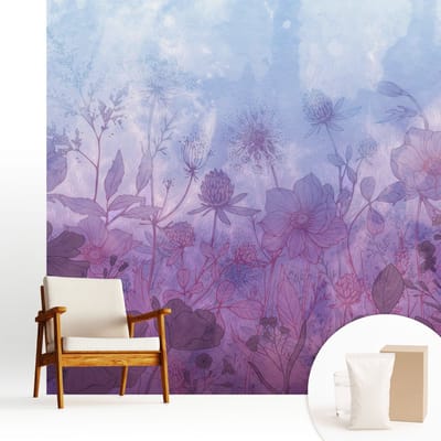 Wallfluent Behang - Pastelkleurige bloemen Muurbehang - 250x250 cm - Blauw Behang - Voor liefhebbers van kunst en natuur - Behang Voor de woonkamer, slaapkamer en kantoor - Behangrol Bloemen en planten