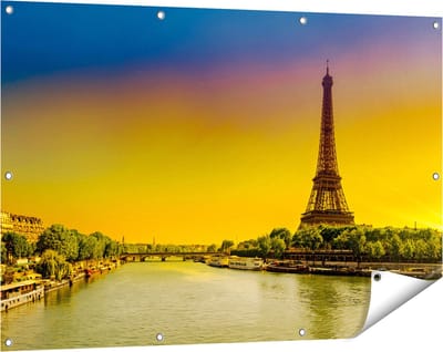 Gards Tuinposter Eiffeltoren in Parijs tijdens Zonsopgang - 120x80 cm - Tuindoek - Tuindecoratie - Wanddecoratie buiten - Tuinschilderij