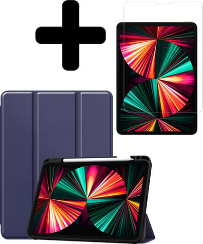 Hoes - Geschikt voor Apple iPad Pro (2021) - 12.9 inch - Met Screenprotector - Trifold Bookcase - Hard Cover Case - Met Uitsparing Geschikt voor Apple Pencil - Hardcover Book - Tablet Hoesje - Donkerblauw