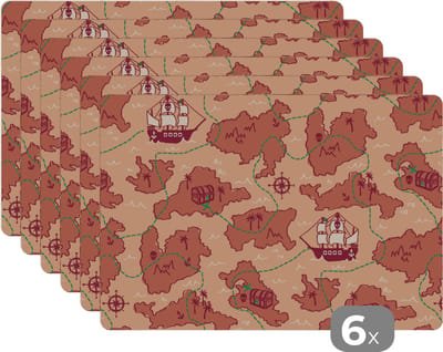 Placemat - Placemats kunststof - Piraat - Kaart - Patronen - Kinderen - 45x30 cm - 6 stuks - Hittebestendig - Anti-Slip - Onderlegger - Afneembaar