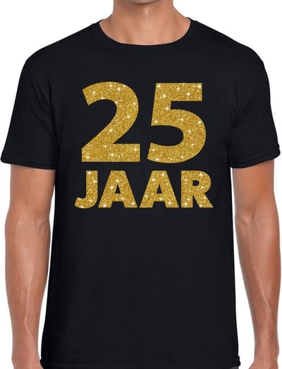 25 jaar verjaardag t-shirt - zwart - voor heren - goud glitters print - jubileum - leeftijd - korte mouwen S