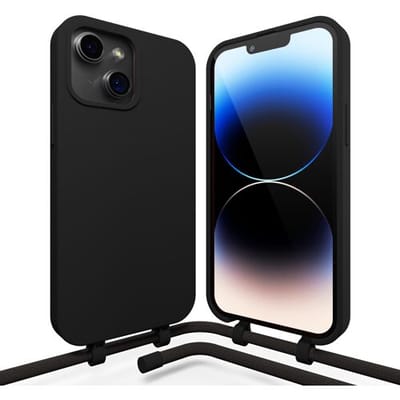Coverzs Silicone case met koord - Telefoonhoesje met koord - Backcover hoesje met koord - touwtje - geschikt voor Apple iPhone 14 - zwart