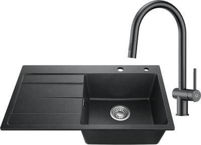 SOFETIY MAX Granieten Spoelbak 78x45CM Zwart - Spoelbakken Keuken Met Keukenkraan met Uittrekbare uitloop - Spoelbak Met Planchet en Afdruiprek - Spoelbakken Incl. Sifon en Afvoerzeefje