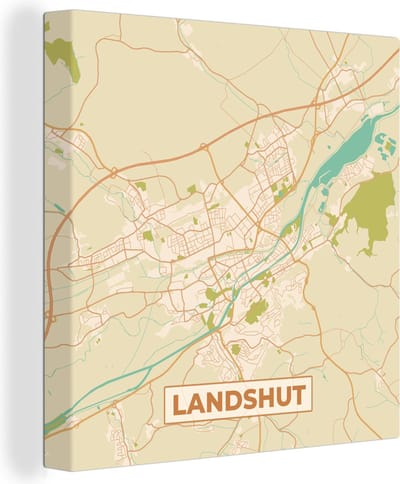 Canvas Schilderij Landshut - Plattegrond - Kaart - Stadskaart - Vintage - 20x20 cm - Wanddecoratie