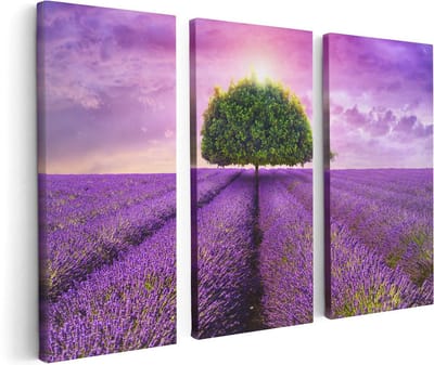 Artaza Canvas Schilderij Drieluik Groene Boom In De Lavendel Bloemen - 120x80 - Foto Op Canvas - Canvas Print