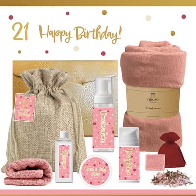 Geschenkset “21 Happy Birthday!” - 8 producten - 1210 gram - Triomf Cosmetica | Luxe Cadeaubox voor haar Wellness Pakket Meisje Giftset Party Cadeaupakket Eenentwintig Jarige Verjaardag Gefeliciteerd Cadeau Speciaal Feestje Gift Set Oud Roze