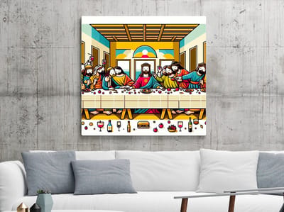 Doodle laatste avondmaal schilderij | Laatste Avondmaal in Doodle Kunst: Een Verbluffende Moderne Interpretatie | Kunst - 100x100 centimeter op Forex | Foto op Forex