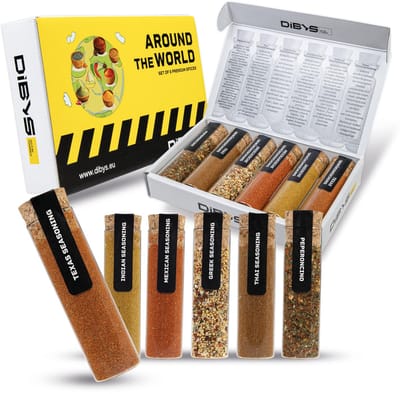 DIBYS - Kruidenpotjes - Set van Kruiden - 6 Specerijen - "AROUND THE WORLD" - 188 g