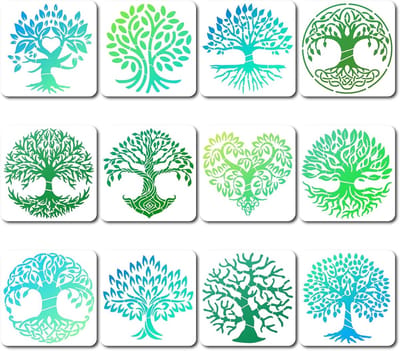 Set van 12 Levensboom Stencils voor Schilderen op Hout, Canvas en Muren