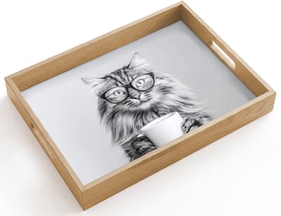 Dienblad hout 40x30 cm - Schootdienblad - Kat - Bril - Mok - Pluizig - Borrelplank rechthoek - Plateau dienbladen