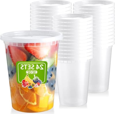 Set van 24 Herbruikbare Plastic Bewaarbakjes met Deksel, 950 ml, Lekvrije Voedselopslag, Soepcontainers en Deli Cups voor Voedselbereiding