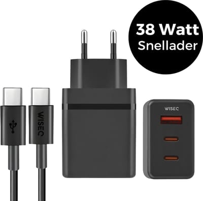38W Snellader met USB C naar USB C Kabel 1M – Universele Adapter – 2x USB C + USB A Poort – Fast Charger – USB C Oplader - WiseQ