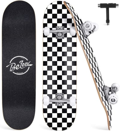 31 x 8 inch Compleet Skateboard voor beginners - 7-laags Canadese esdoorn - Double Kick Deck - Cruiser Trick Skateboard - Kinderen en Volwassenen - Wit Zwart