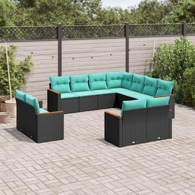 vidaXL - 11-delige - tuinbankset - met - kussens, - zwart - polyrotan
