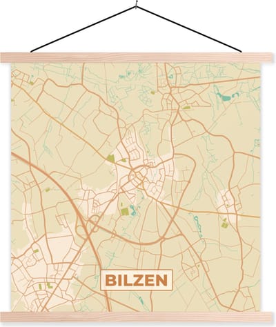 Posterhanger incl. Poster 40x40 cm - Schoolplaat - Kaart - Plattegrond - Vintage - Bilzen - Stadskaart - Textielposter - Blanke latten - Stadskaart