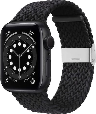 Stravo Gevlochten Nylon Bandje - Geschikt voor Apple Watch 42mm (Series 11/10), 41mm (Series 9/8/7), 40mm (Series 6/5/4/SE 1/2/3), 38mm (Series 3/2/1) - Verstelbaar elastisch Apple Watch Horlogebandje met gesp - Zwart