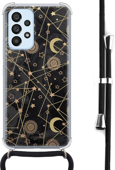 Hoesje met koord - Geschikt voor Samsung Galaxy A53 - Sterren, zon, maan - Verstelbaar zwart koord - Crossbody - Sterren - Zwart, Transparant - Leuke Telefoonhoesjes