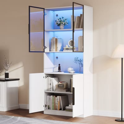 Moderne glazen deur vitrinekast 80x30x200 cm - met LED-verlichting - boekenplank voor verzamelobjecten - wit