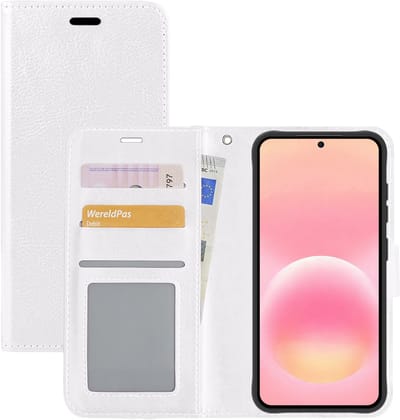 Hoesje - Met Pasjeshouder - Geschikt voor Samsung Galaxy A57 - Luxe Bookcase Portemonee - Flip Case - Kunstleer Book Case - Flipcase - Book Cover - Walletcase - Portemonneehoes - Wit