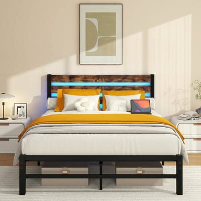 MODFU Bedframe - Met Hoofdbord En USB-Laadpunt - Met Ledverlichting - Industriële Stijl - MDF En Metaal - Antiekbruin - 120 X 200 Cm